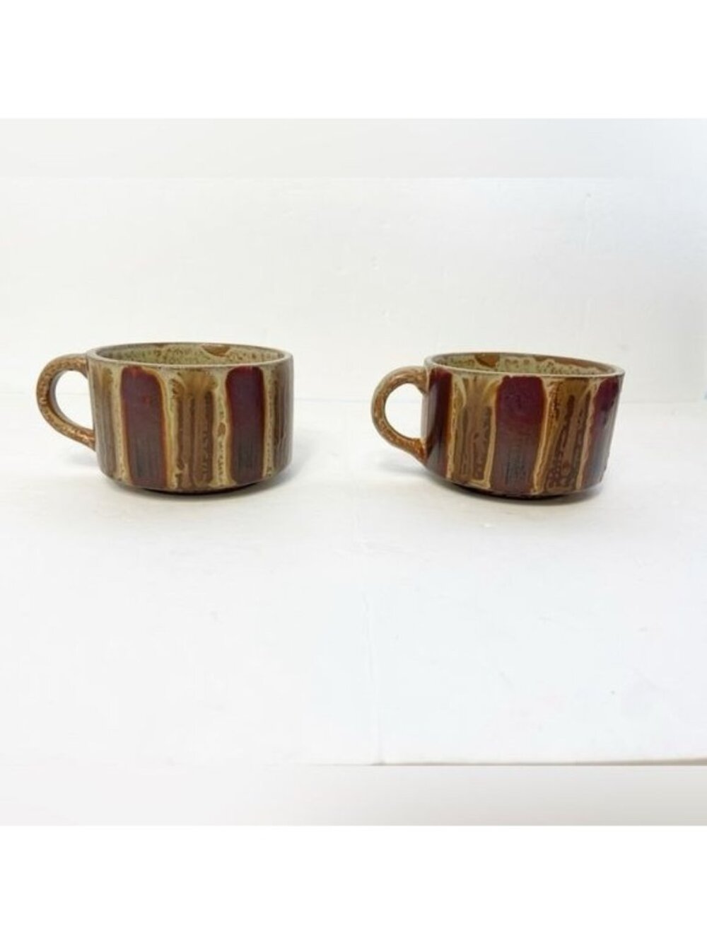 Set Of 2 Vintage Oversized Stoneware Mugs Large Tea Coffee Latte MCM Striped